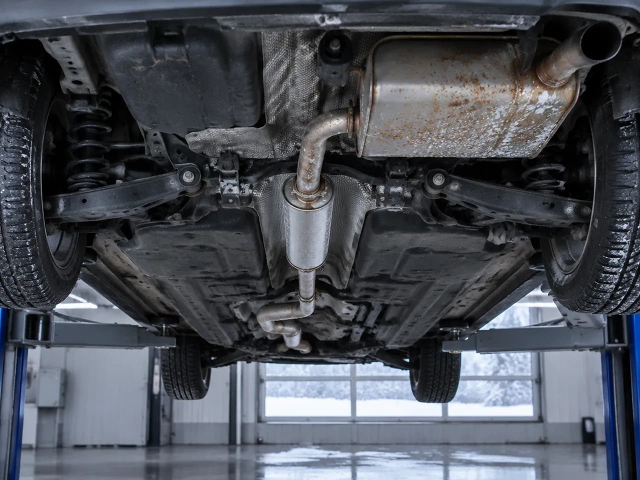 Выпускная система снизу автомобиля на подъёмнике