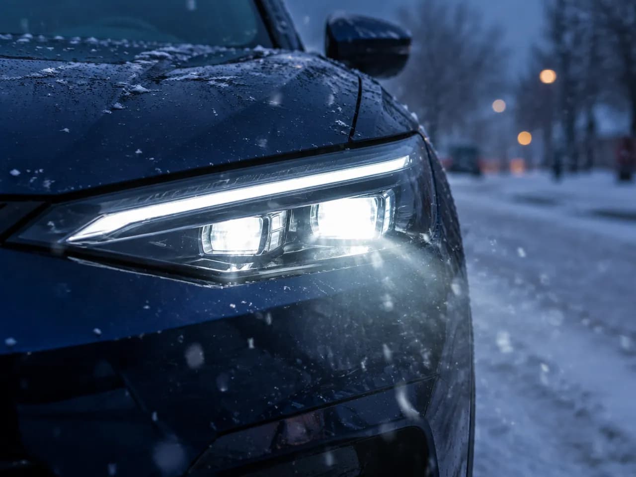 Включённая светодиодная фара автомобиля в снегопад